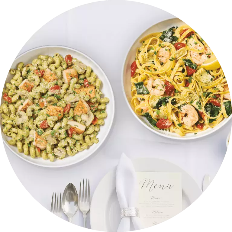 Pesto Cavatappi with Grilled Chicken and Lemon Garlic Shrimp Scampi